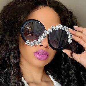 Large‎ Oversized Black Round Bejeweled Rhinestone Sunglasses Fashion Glasses